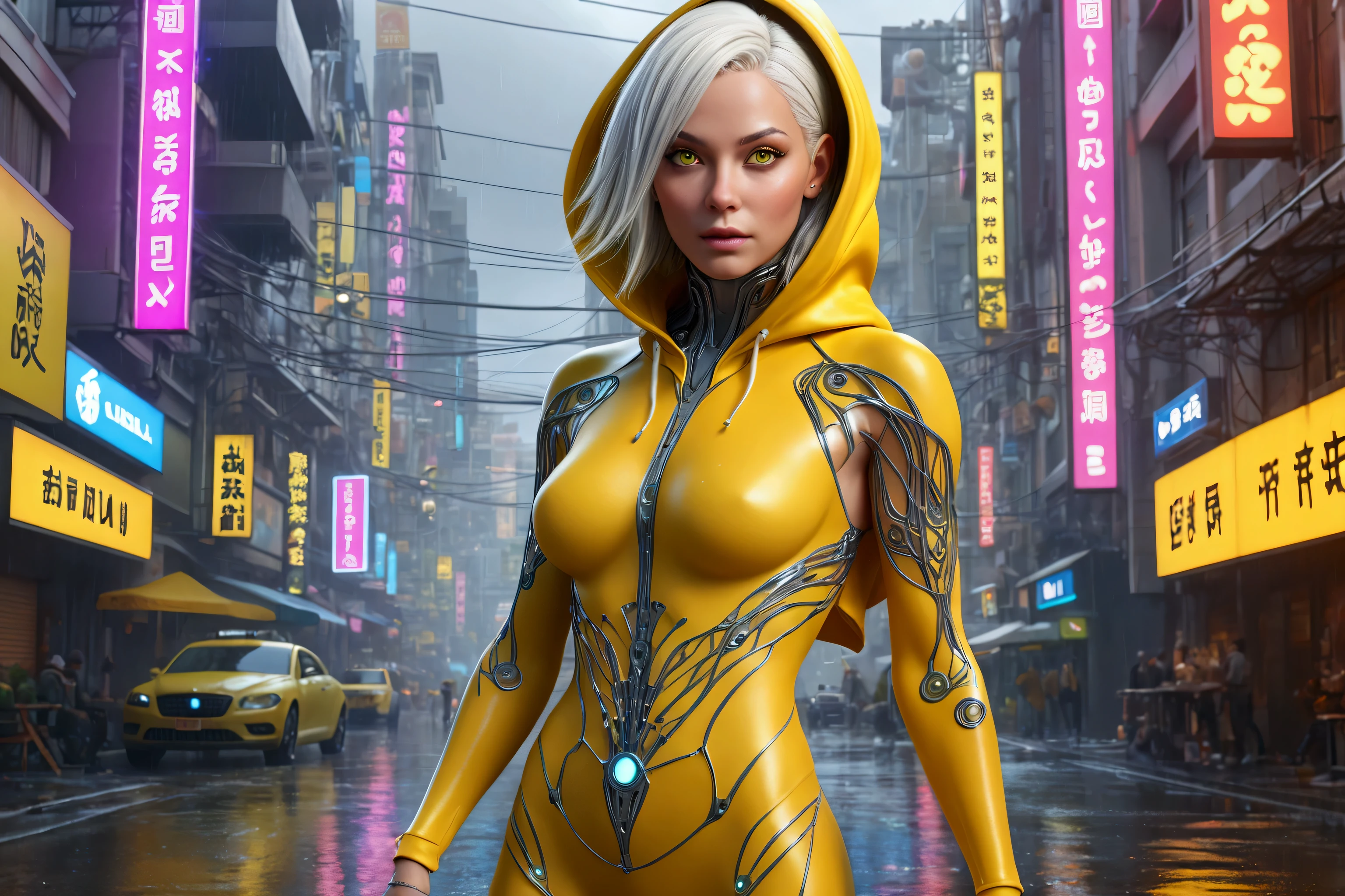 (best quality, 4k, 8k, high resolution, masterpiece: 1.2), ultra-detailed, (realistic, photorealistic, photorealistic: 1.37) (3d art) strong woman defined body, cybernetic holographic yellow hooded shirt, free shoulders, free belly, yellow leggings with cybernetic cables and wires, (cinematic frame), bright flaming eyes, tattoo all over the body, white hair, (top-down perspective frame showing the ground) rainy environment, futuristic background, buildings with LEDs and businesses, bright signs, busy city, alien city full of alien beings,
