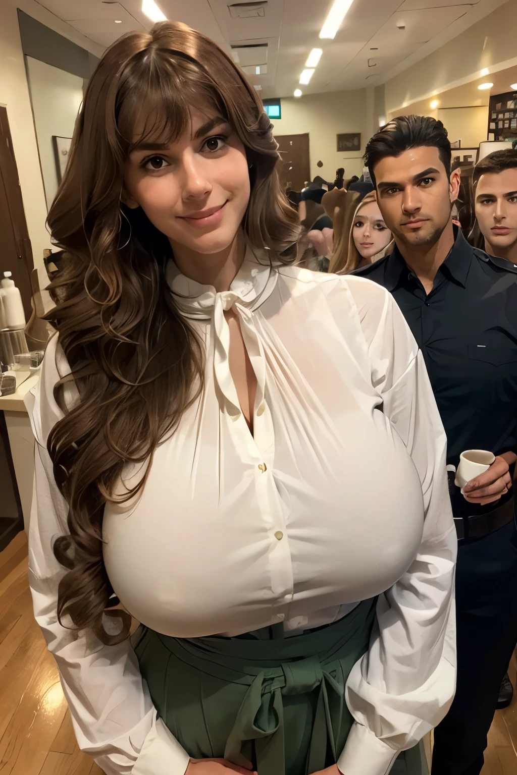 (24mm wide angle lens:1.5), (medium cowboy shot), angled view, (candid), (casual), fun, happy, soft lighting, backlit, younger, extremely tall ager aged 18, (Wendy Fiore:Julia Roberts:0.5), standing behind bar, aged 18, cute, joy, (looking away), sfw, (very extremely tall teen:1.5), (taller than other people:1.5), (6foot7 tall:1.5), (very extremely long torso:1.5), (very extremely long neck:1.5), (skinny:1.2), (arafed), (slim:1.2), (large head:1.2), coffee shop, trendy, latte, many customers, busy, barista, crowd of diverse people, many different people, symmetric breasts, plain pale green button-down collared blouse, thin necktie, sheer blouse, plain loose synthetic pants, long pants, belt, (light auburn hair), (huge colossal gigantic breasts:1.45), (big flowing extremely long curly hair:1.4), bangs, cleavage