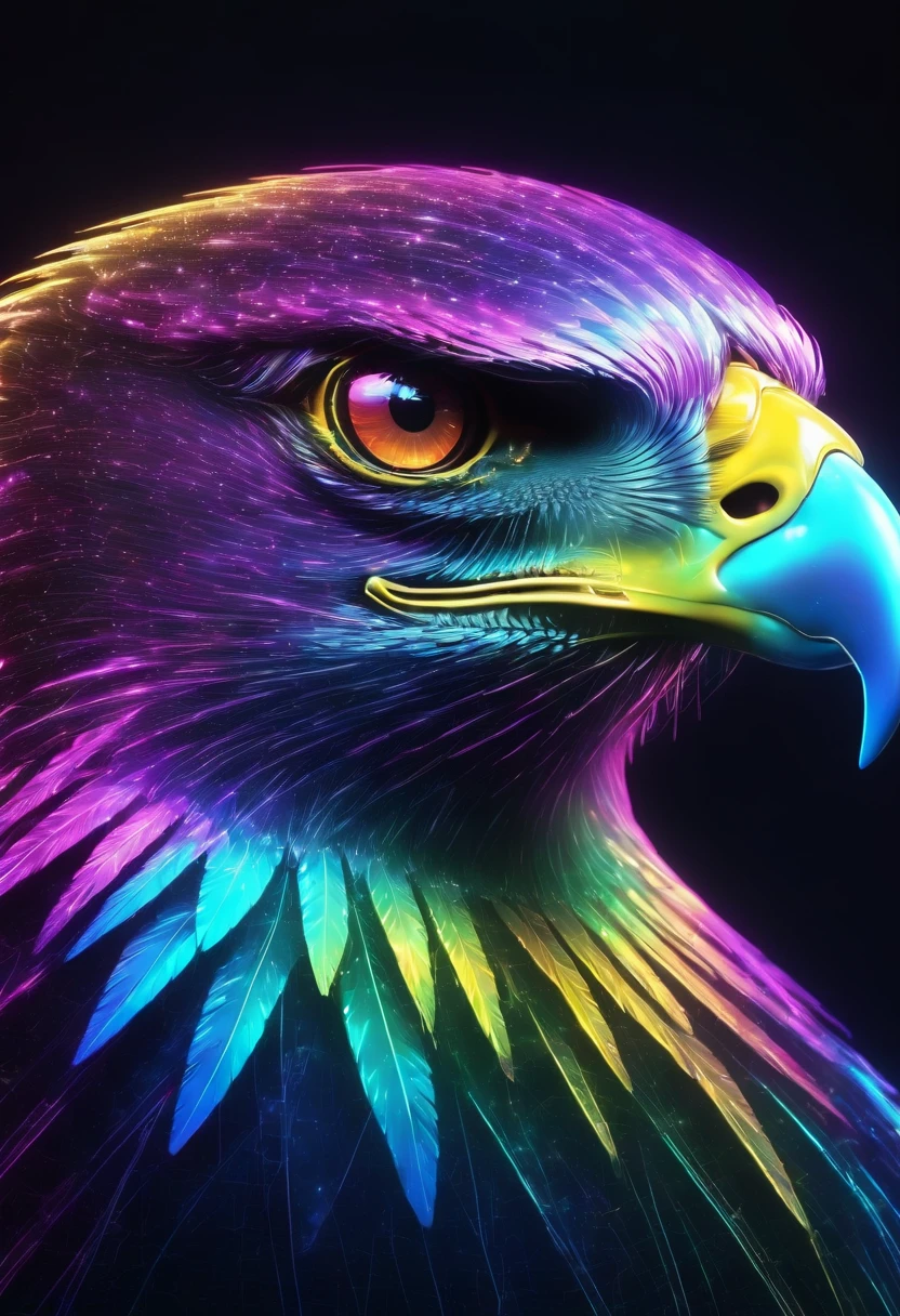 digital graphic CG art, huge hawk with a dignified face and wings spread, 2.5D, delicate and dynamic, iridescent neon effects, ascii_art, holographic