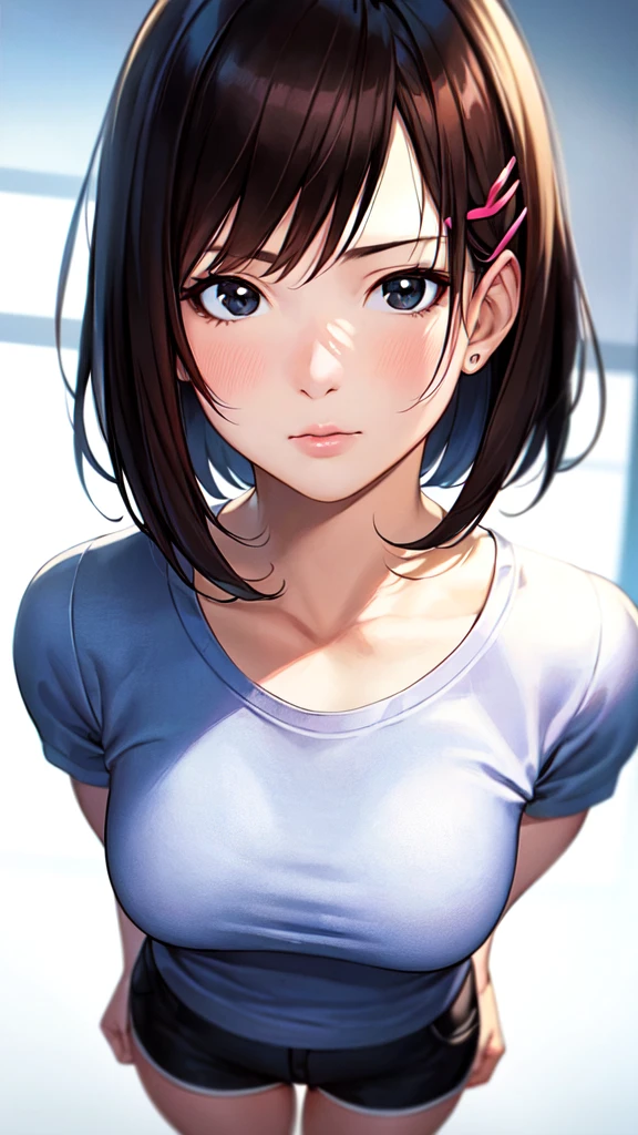 highest quality, Ultra-high resolution, (Realistic: 1.4), beautiful Eyes, Super beautiful, Very short hair, beautiful, lover, Rough chest T-shirt, beautiful Soldier, Eyes that beckon the viewer, loverの視点, Attractive expression, Sexy smile, Perfect Style, Perfect balance, Detailed skin, Mischievous Gaze, I can see your chest