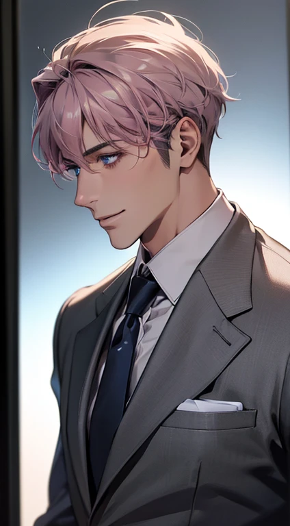 (Highest quality,4K,8K,High resolution,masterpiece:1.2),Super detailed,(Realistic,photoRealistic,photo-Realistic:1.37),1 person,31 years old,Mature Men,Beautiful skin、Profile、very handsome,Expressionless,smile,Short gray pink hair,blue eyes,Sharp Eyes,A perfect face without a doubt,Businessman,Office Background,Cinema Lighting,HDR image,tie、
