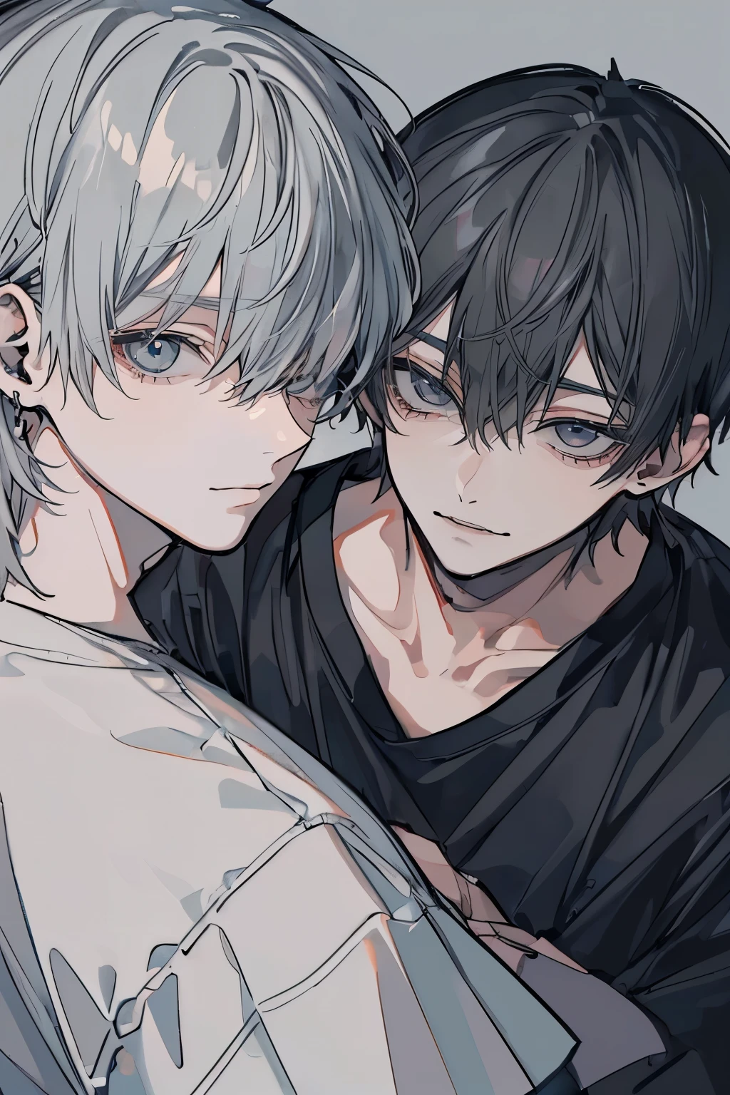 (Mastepiece), (Best Quality), Very detailed, ((Two men intimate:1.5)), Perfect Face, Beautiful Face, Very detailedな顔，(Upper body shot:1.3)，(Black-haired man:1.3)，(Grey-haired man:1.3)、T-Shirts、smile