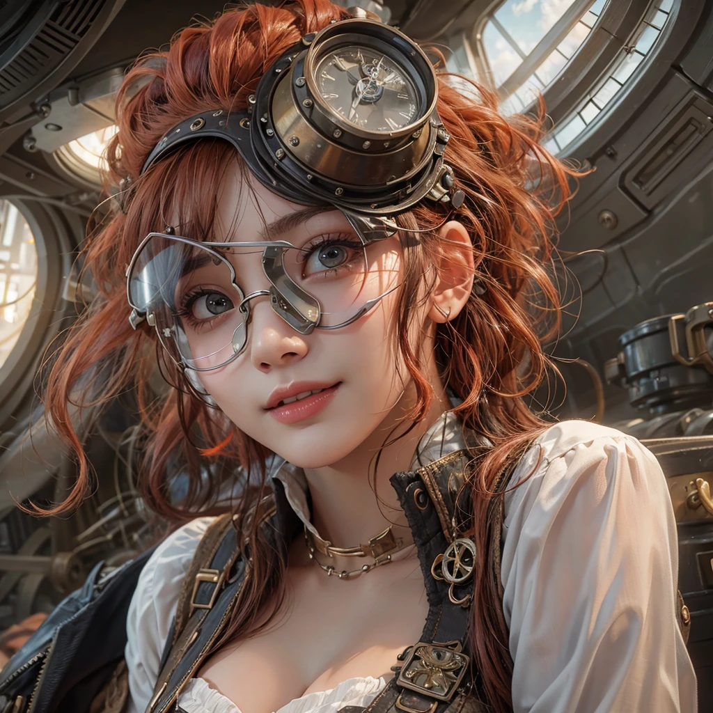 masterpiece:1.3), (8k, Realistic, RAW Photos, Best imYear quality: 1.4)、 Year,(Random Hairstyles:1.2)、CleavYear:1.2、Highly detailed face、Attention to detail、double eyelid、Chest to chest、Sharp focus:1.2、Beautiful woman:1.4、Redhead、Highest quality、masterpiece、Ultra-high resolution、(Realistic:1.4)、Highly detailed and professionally lit smiles、Loose fitting steampunk outfit、Shoulder out、thin、Serious expression、Clouds seen from inside the airship、goggles