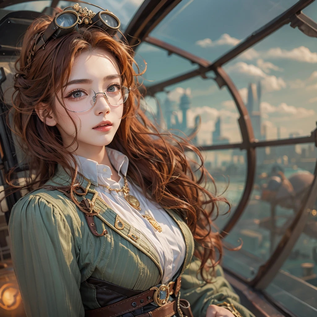 masterpiece:1.3), (8k, Realistic, RAW Photos, Best imYear quality: 1.4)、 Year,(Random Hairstyles:1.2)、CleavYear:1.2、Highly detailed face、Attention to detail、double eyelid、Chest to chest、Sharp focus:1.2、Beautiful woman:1.4、Redhead、Highest quality、masterpiece、Ultra-high resolution、(Realistic:1.4)、Highly detailed and professionally lit smiles、Loose fitting steampunk outfit、Shoulder out、thin、Serious expression、Clouds seen from inside the airship、goggles