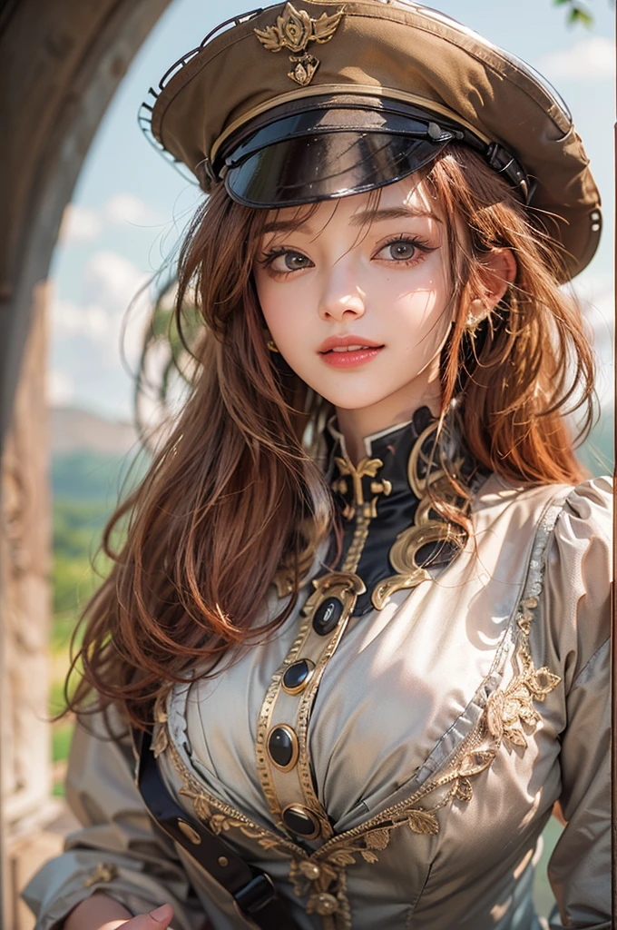 (masterpiece:1.3), (8k, Realistic, RAW Photos, Best imYear quality: 1.4)、 Year,(Random Hairstyles:1.2)、CleavYear:1.2、Highly detailed face、Attention to detail、double eyelid、Chest to chest、Sharp focus:1.2、Beautiful woman:1.4、Redhead、Highest quality、masterpiece、Ultra-high resolution、(Realistic:1.4)、Highly detailed and professionally lit smiles、Loose fitting steampunk outfit、Shoulder out、Vineyards