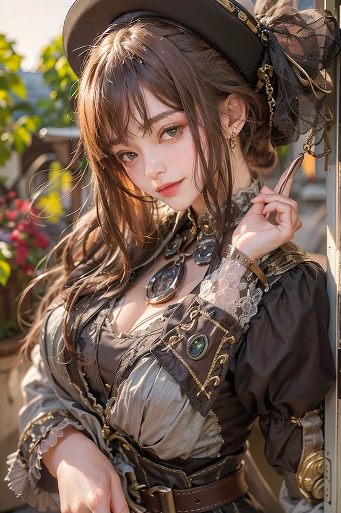(masterpiece:1.3), (8K, Realistic, RAW Photos, Best image quality: 1.4), Japanese 、26 years old,(Random Hairstyles:1.2)、Cleavage:1.2、Highly detailed face、Attention to detail、double eyelid、Chest to chest、Sharp focus:1.2、Beautiful woman:1.4、Light brown hair、Highest quality、masterpiece、Ultra-high resolution、(Realistic:1.4)、Highly detailed and professionally lit smiles、Loose fitting steampunk outfit、Shoulder out、thin、Serious expression、Holding a gorgeous necklace in her right hand, In the city、Eat dinner、Perfect hands、Five fingers、Perfect Fingers