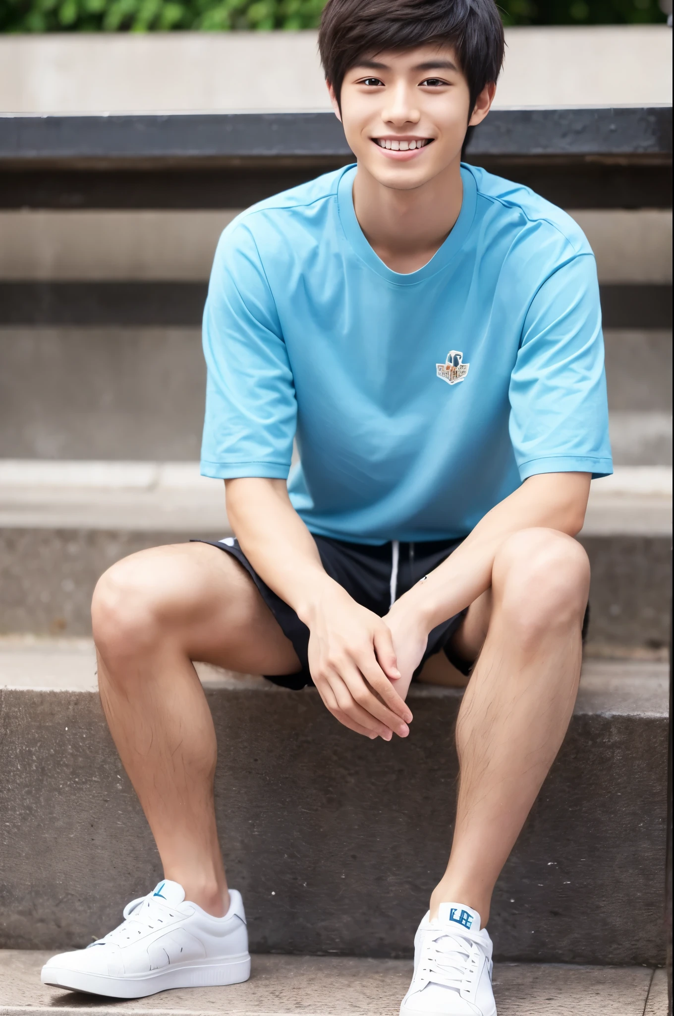 Japanese, male, university student, Wearing shorts, Sitting, ((full body)), (super sharp focus), (Hairy legs), smile, Anatomically correct,