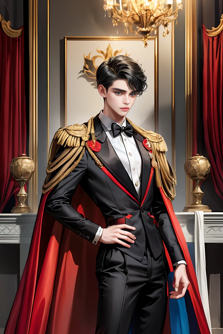 masterpiece, 最high quality, high quality, 1 boy, alone, Male focus, Watching the audience, Messy black hair, Adorable big blue eyes, White people, Noble, Noble,Sexy voluminous black and red cape、Tuxedo、A very voluminous, large, very large, very large, long, long red and black cape with a high stand-up collar, reaching down to the floor, made of a lot of fabric., 17 years old,Cute beautiful boys,Cute, cute, kind, handsome guy