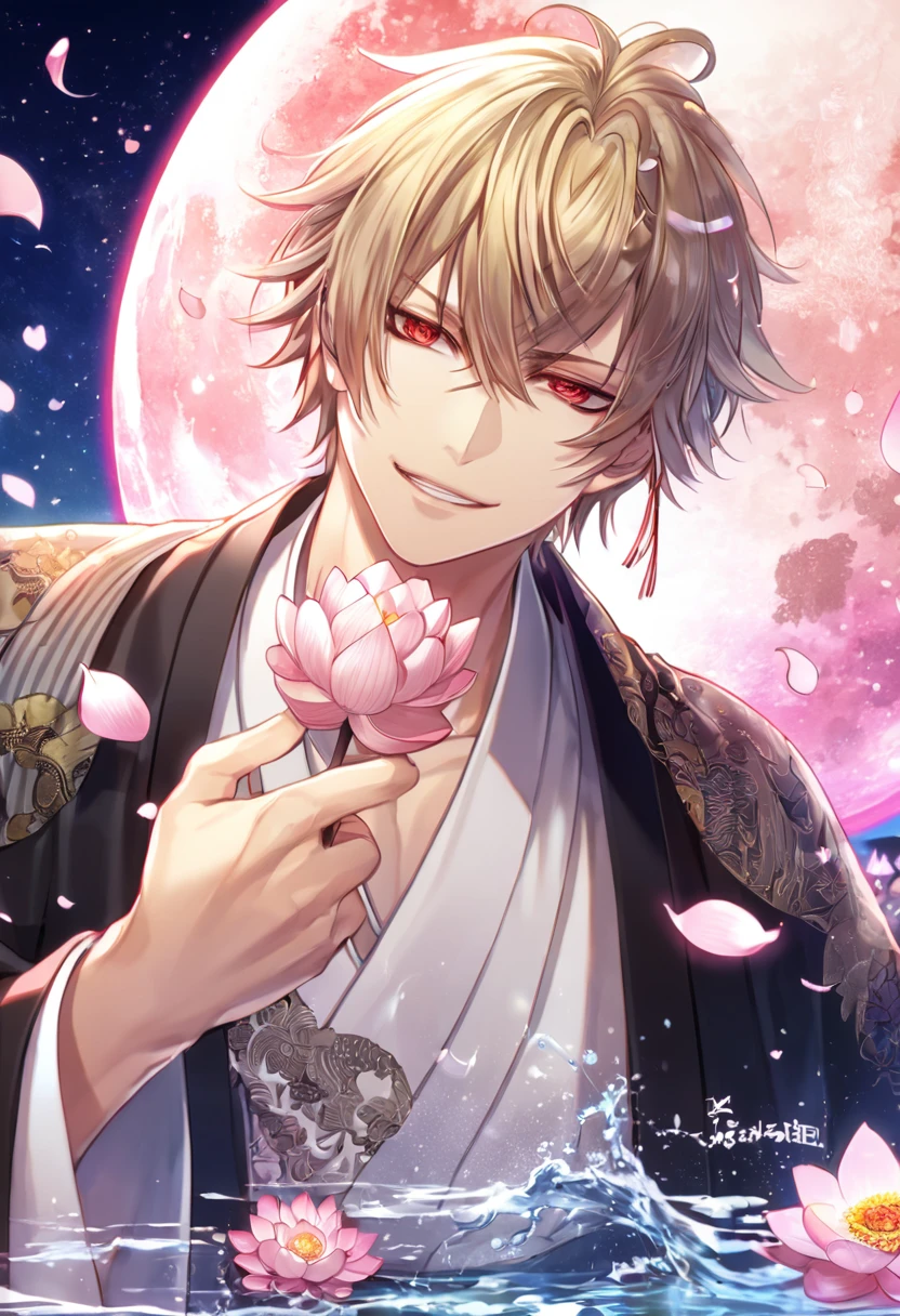 absurdres, highres, ultra detailed, HDR, master piece, best quality, extremely detailed face, delicated features, Kazama Chikage, dark blonde hair, expressive red eyes, Hakuoki, solo, sexy man, handsome, smile, white kimono, black haori, pink lotus, pink petals, water, magical, fantasy, pink moon, starry sky, envy magical
