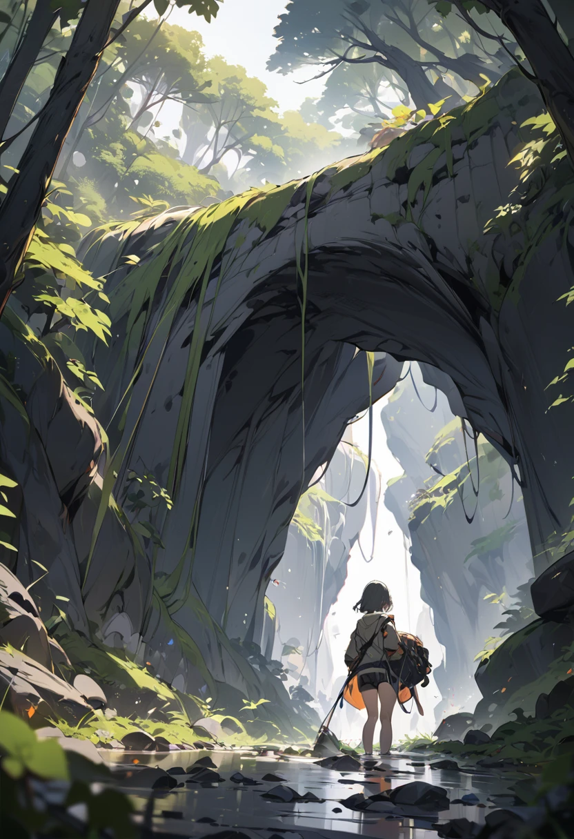 Heading into nature、Explorer。Dangerous area、((masterpiece,Highest quality)),One girl,Beautiful attention to detail,Short Hair、Dynamic composition