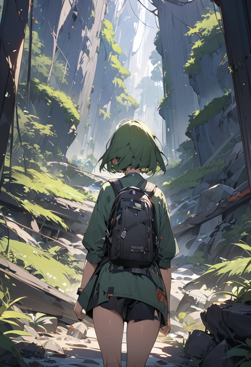 Heading into nature、Explorer。Dangerous area、((masterpiece,Highest quality)),One girl,Beautiful attention to detail,Short Hair、Dynamic composition