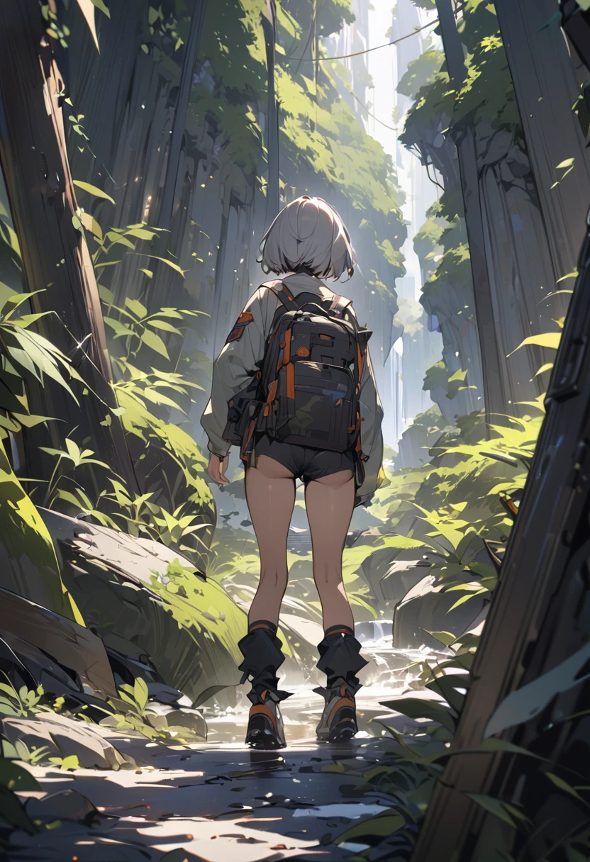 Heading into nature、Explorer。Dangerous area、((masterpiece,Highest quality)),One girl,Beautiful attention to detail,Short Hair、Dynamic composition