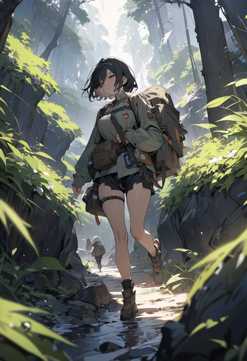Heading into nature、Explorer。Dangerous area、((masterpiece,Highest quality)),One girl,Beautiful attention to detail,Short Hair、Dynamic composition