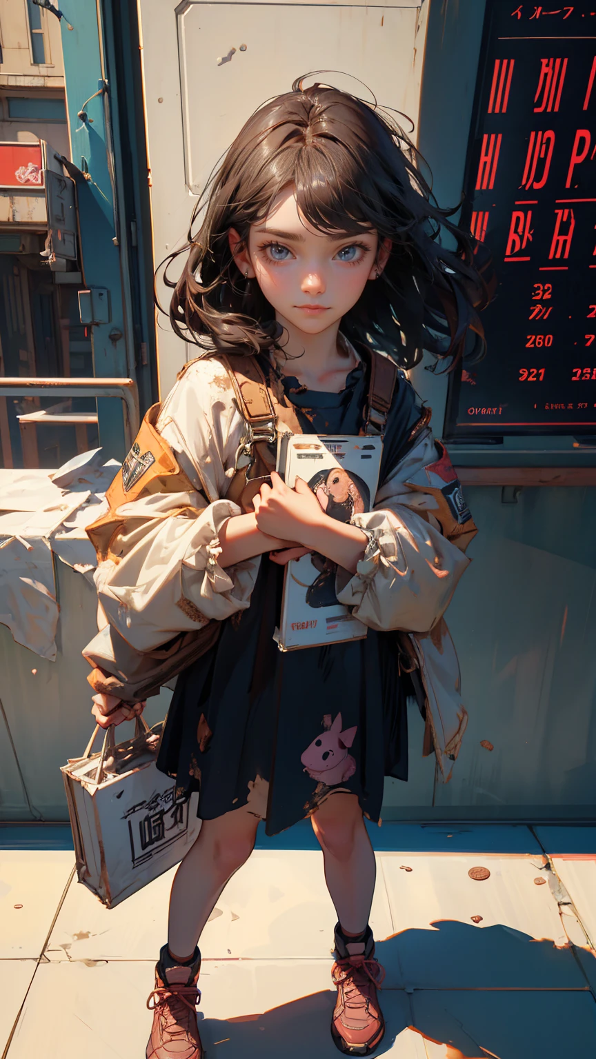 A devastated girl holding up an advertising sign board that says "buy high, sell low". face full of expression looks like devastated, Hopeless Ruined, , 2 piggy standing around her, The background has broken stock market chart and small coins placed around her, full girl in image, front view, looking at the camera,