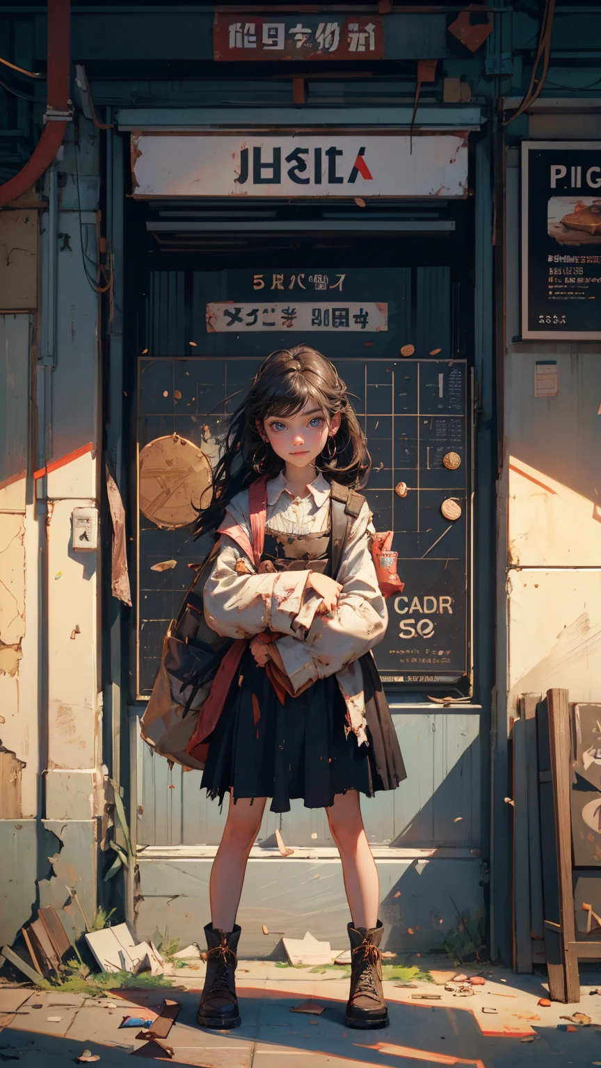 A devastated girl holding up an advertising sign board that says "buy high, sell low". face full of expression looks like devastated, Hopeless Ruined, , 2 piggy standing around her, The background has broken stock market chart and small coins placed around her, full girl in image, front view, looking at the camera,