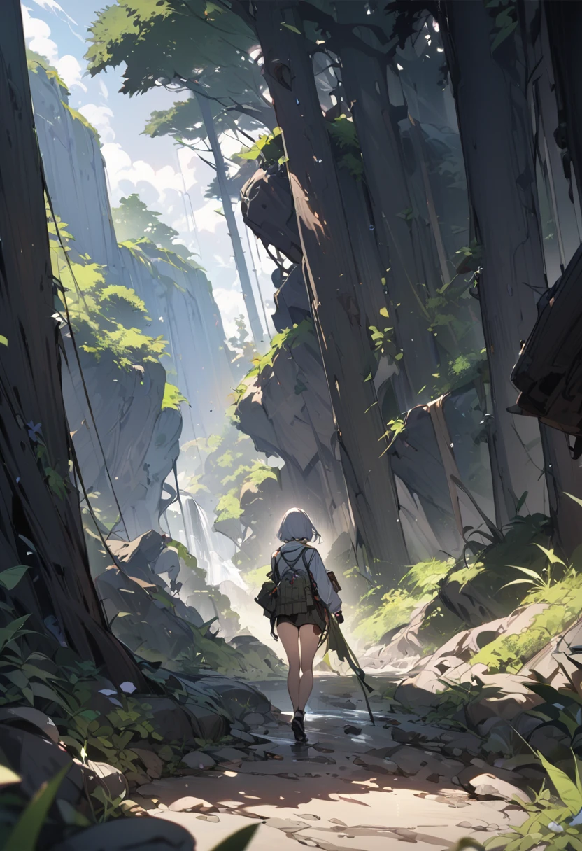 Heading into nature、Explorer。Dangerous area、((masterpiece,Highest quality)),One girl,Beautiful attention to detail,Short Hair、Dynamic composition