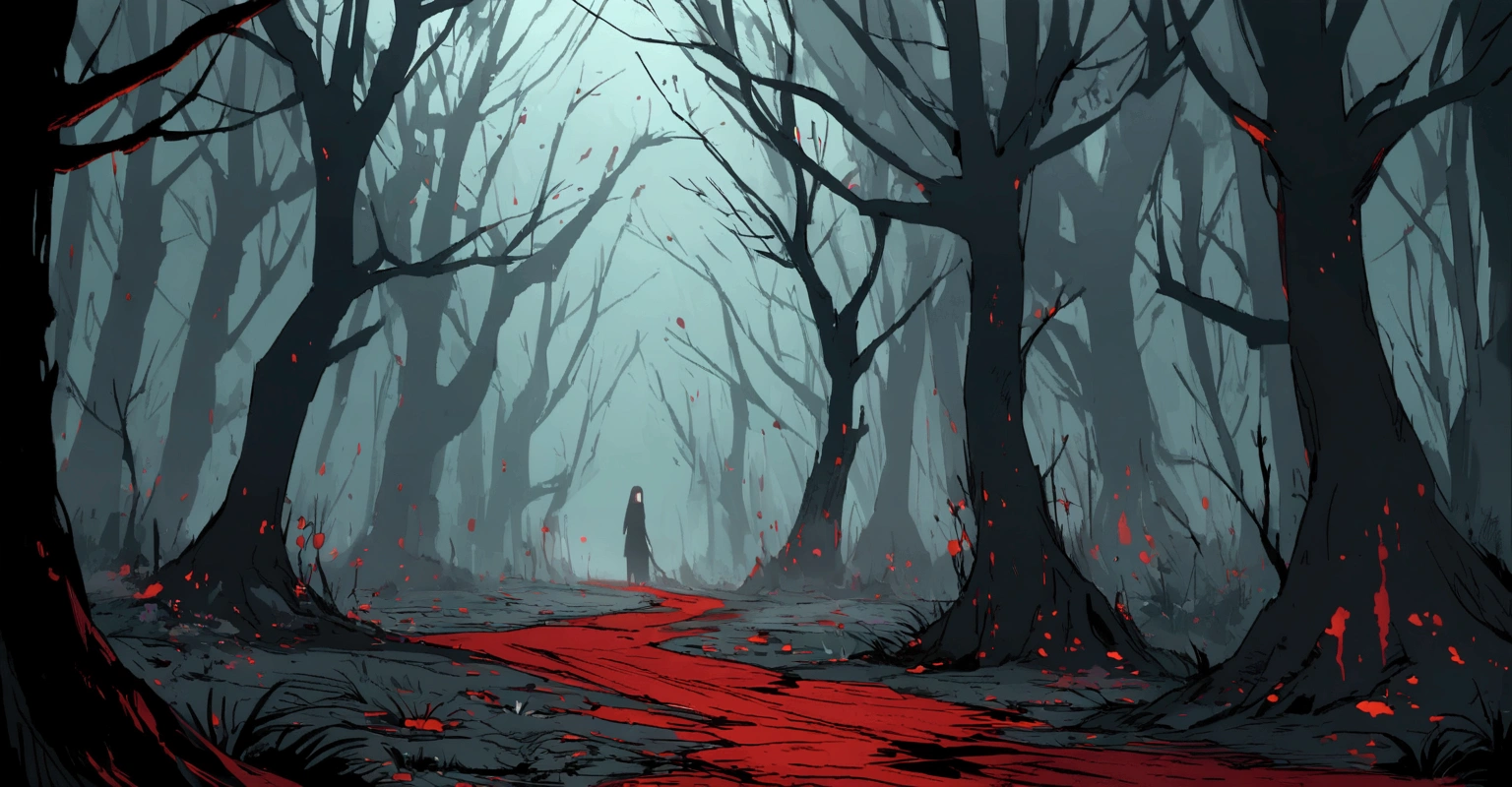 A trail of blood on a lawn that leads to a dark forest, Terror