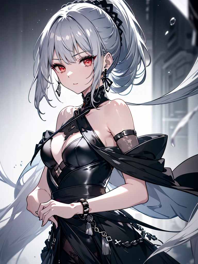8k,High resolution RAW color art,Anime Art, (((Very detailed and cool))), Detailed skin, Blur、texture,(Exquisitely crafted, The finer details, Ultra-detailed art), (((1 girl))), Depth of written boundary, Silky Touch, Hyper Detail, (((Cool face))), eye shadow、Silver Marble Skin, Beautiful detailed red eyes, Beautiful lip detail, Very delicate face, Delicate depiction of hair and eyes, Detailed Fashion, Silver earrings,Silver Bracelet、Full body depiction, Black half top、(((Shoulder Bare)))、Black shorts、black waist cloak、black tights、 A little bit of grey hair, Ponytail Hair、Semi-long hair、(((Hair)))、water surface、silk clotheatte、Soft clothes、Titty fuck