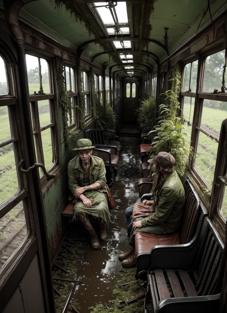 a zombie sit in the old train, train full with plants and mossy, mud and puddles on the floor