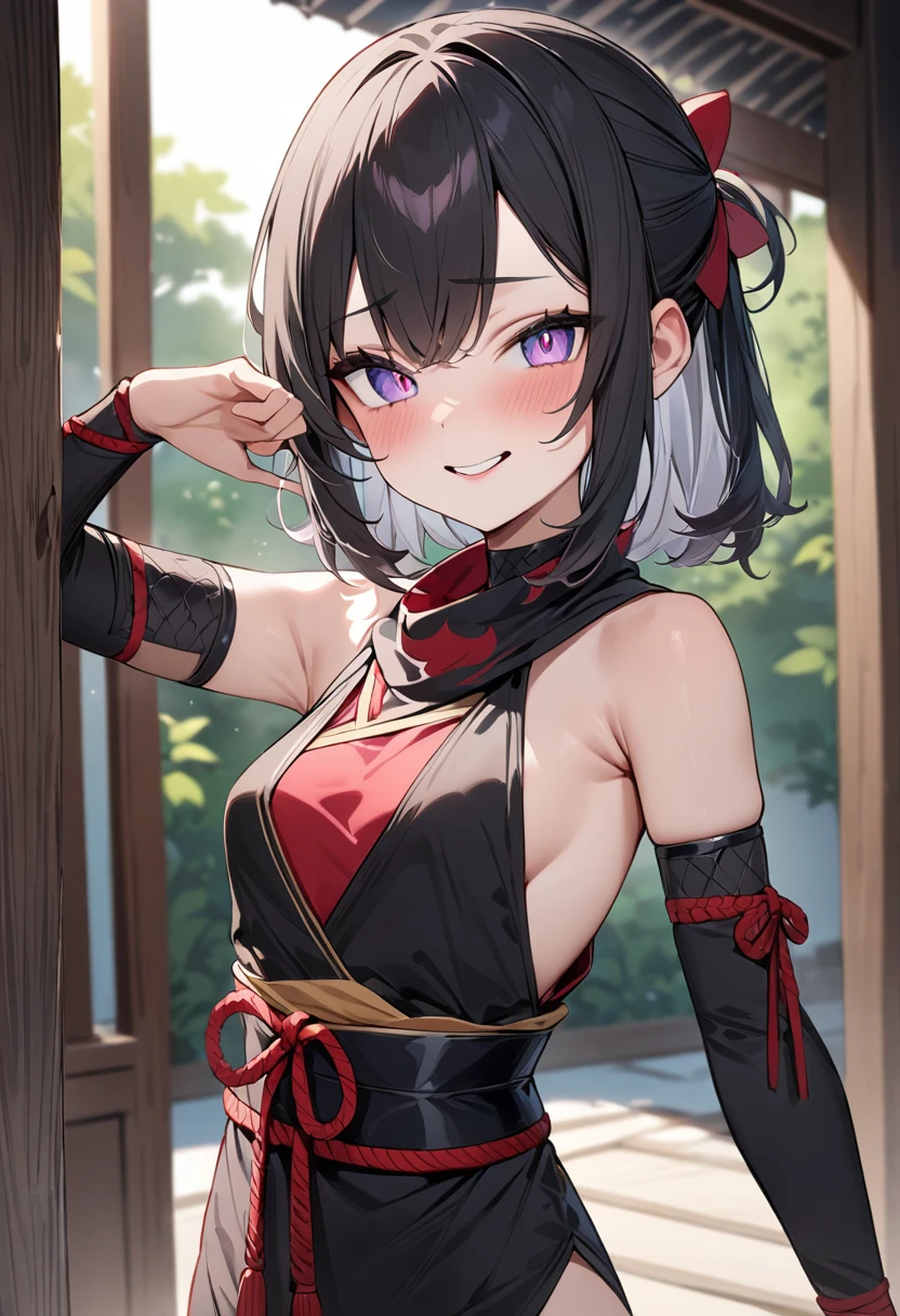 (masterpiece, top quality, very aesthetic, 4k、illustration), intricate detail, 1girl,Standing 、(upper body)、naughty face、(),Cute 、Random Hair Color、,middle hair,sidelock ,Random Color　eyes、ninja clothes、small breasts、Slim 、