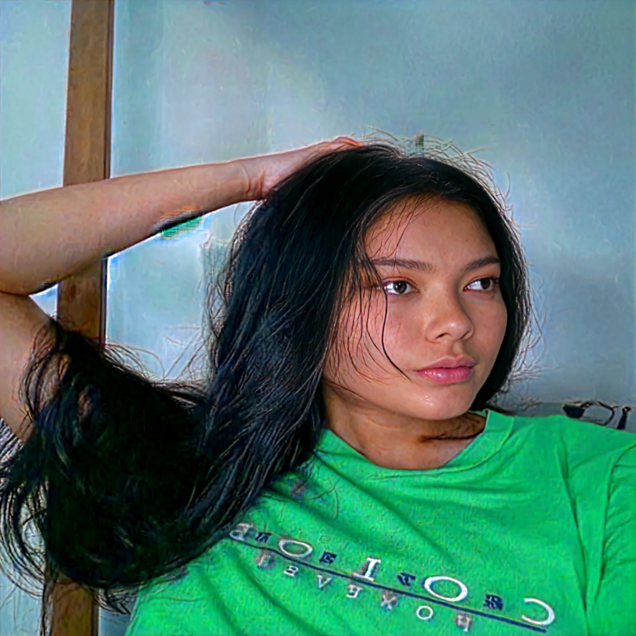 there is a woman that is sitting down with her hair in her hand, with long hair, with long dark hair, satisfied pose, with straight black hair, taken with the best dlsr camera, with long black hair, selfie shot straight on angle, frontal picture, looking from side, with kind face, indoor picture, young with long hair, profile view