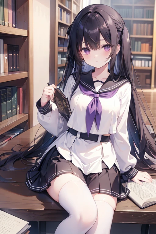 1girl in,Eru Sentanda, The long-haired, A dark-haired, student clothes, Purple Eye, White shirt, knee high, White socks, pleatedskirt, bangss, Black sailor color, neckerchief, Black skirt, long-sleeve, book library, sitted,