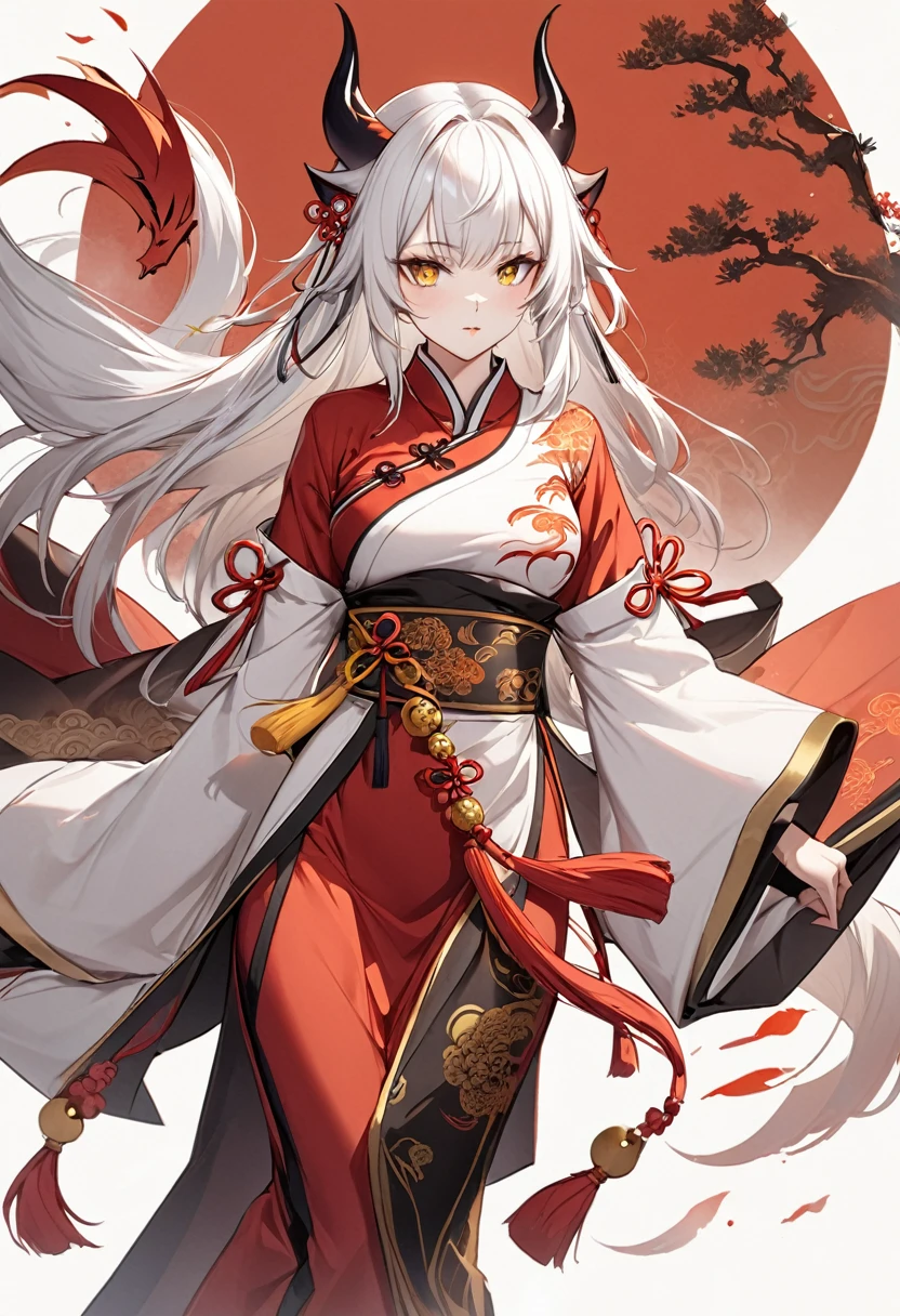 1 woman,Fox Devil,Wear ancient Chinese clothes,white hair,golden eyes