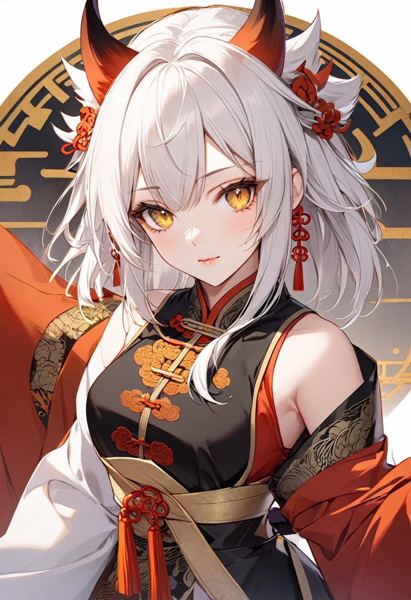 1 woman,Fox Devil,Wear ancient Chinese clothes,white hair,golden eyes