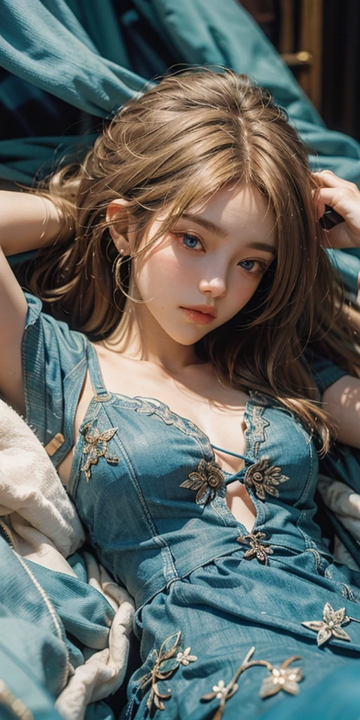 (masterpiece: 1.2, Portraiture, Highest quality), Realistic, (Live Action, Intricate details, Written boundary depth), Highest quality, masterpiece, Attention to detail, semi-Realistic, A girl is sleeping in bed, shy, 21 years old, Short Blonde, Hair in the left eye, blue eyes, Royal dress, Slim figure、Canopy bed、 Sleeping beauty
