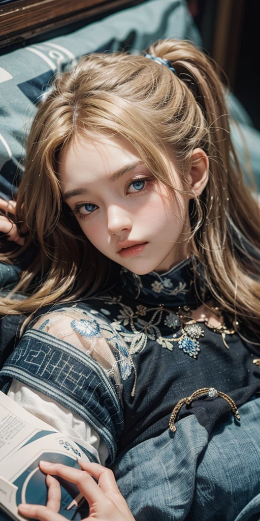 (masterpiece: 1.2, Portraiture, Highest quality), Realistic, (Live Action, Intricate details, Written boundary depth), Highest quality, masterpiece, Attention to detail, semi-Realistic, A girl is sleeping in bed, shy, 21 years old, Short Blonde, Hair in the left eye, blue eyes, Royal dress, Slim figure、Canopy bed、 Sleeping beauty