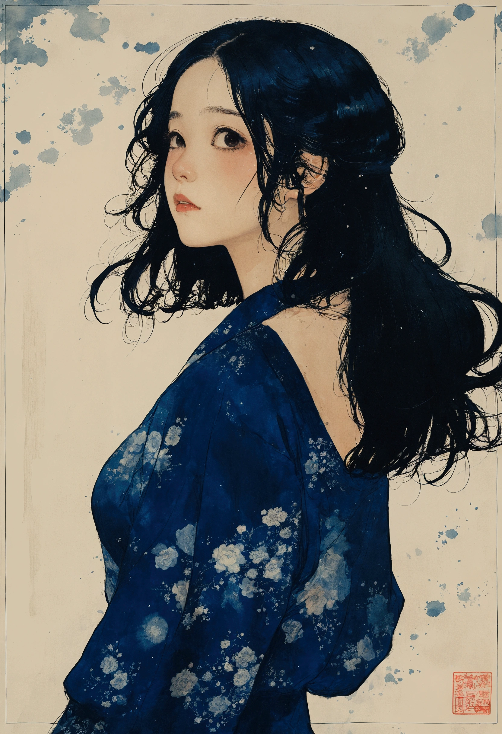 The Style of Kawanabe Kyosai、dark blue bodysuit、Black Hair、Girl