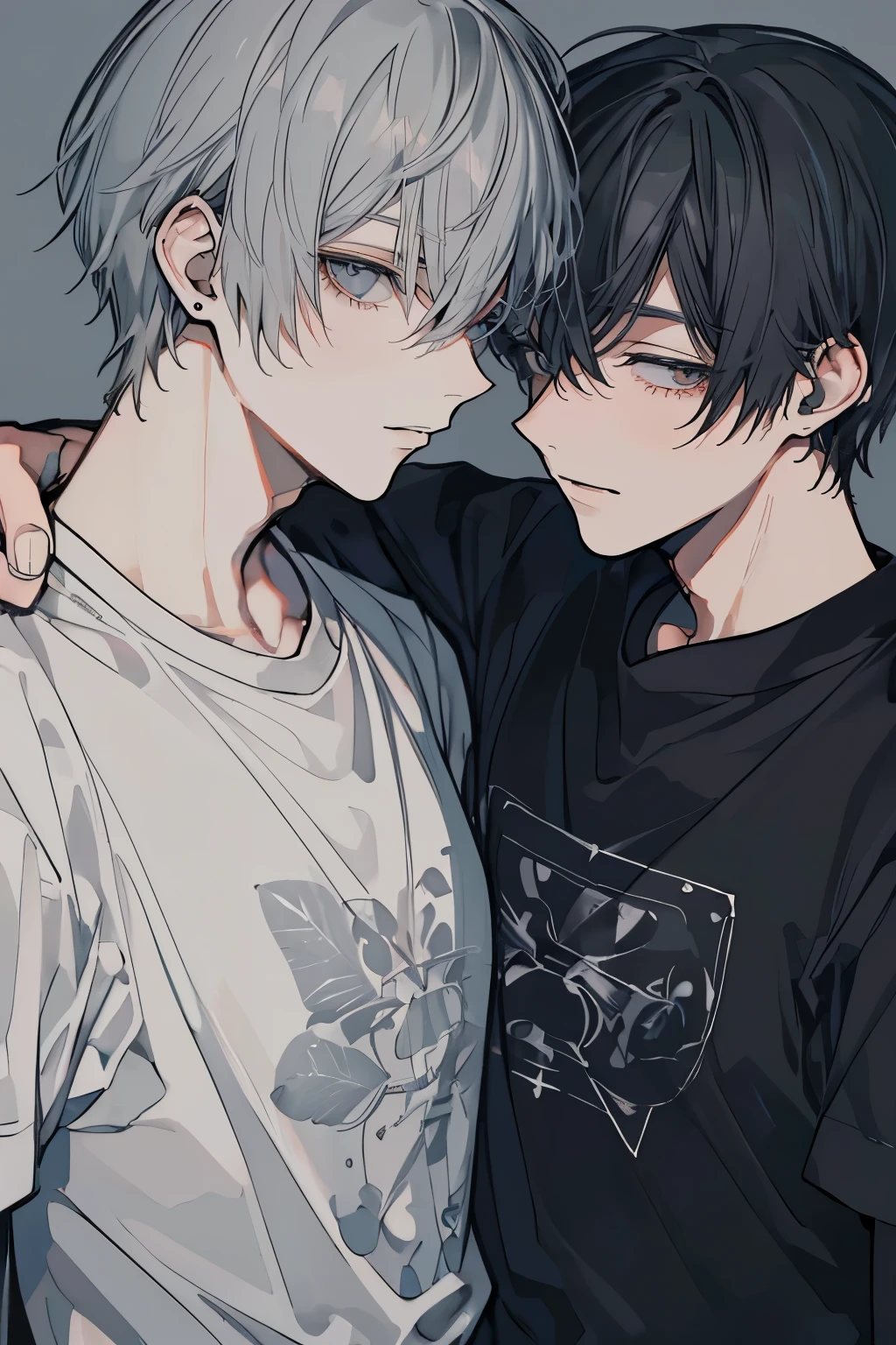 (Mastepiece), (Best Quality), Very detailed, ((Two men intimate:1.5)), Perfect Face, Beautiful Face, Very detailedな顔，(Upper body shot:1.3)，(Black-haired man:1.3)，(Grey-haired man:1.3)、T-Shirts、smile