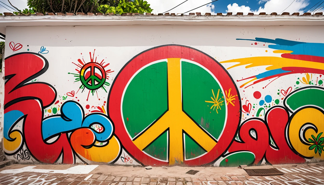 Graffiti on the wall of a white house,The inside of the peace sign is made with Rasta colors,Also draws Cuica and Samba drums