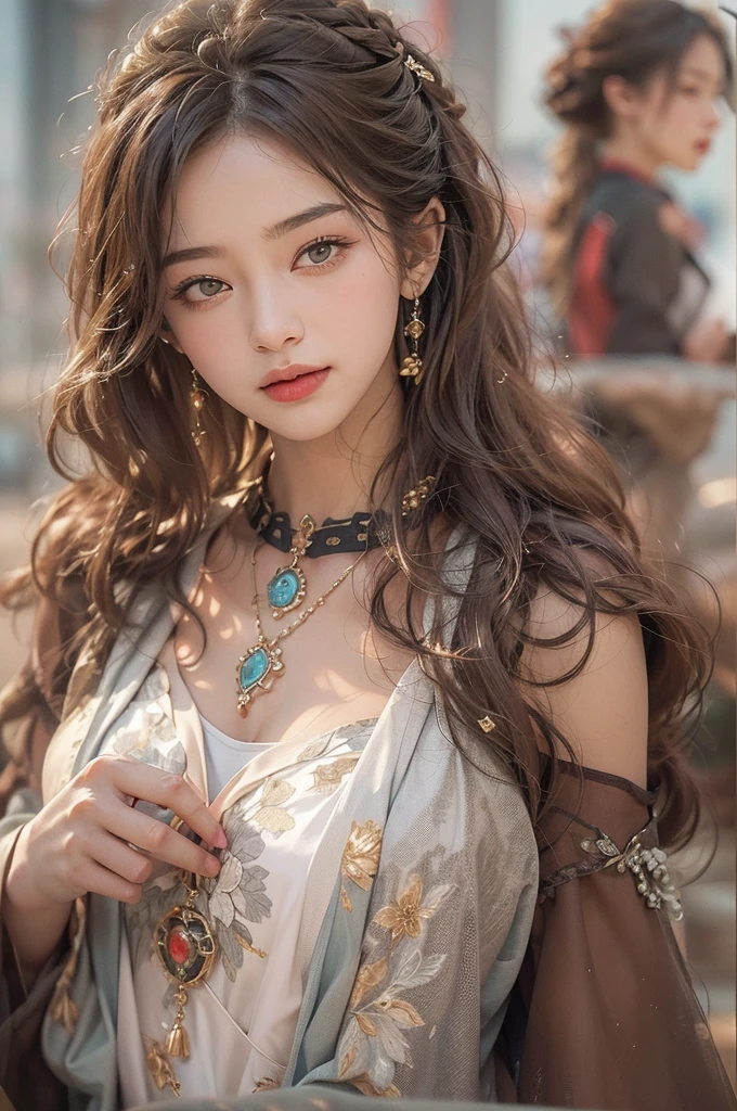 (masterpiece:1.3), (8k, Realistic, RAW Photos, Best image quality: 1.4), Japanese 、18-year-old,(Random Hairstyles:1.2)、Cleavage:1.2、Highly detailed face、Attention to detail、double eyelid、Chest to chest、Sharp focus:1.2、Beautiful woman:1.4、Light brown hair、Highest quality、masterpiece、Ultra-high resolution、(Realistic:1.4)、Highly detailed and professionally lit smiles、Loose fitting steampunk outfit、Shoulder out、thin、Serious expression、Holding a gorgeous necklace in her right hand, In the city、Eat dinner