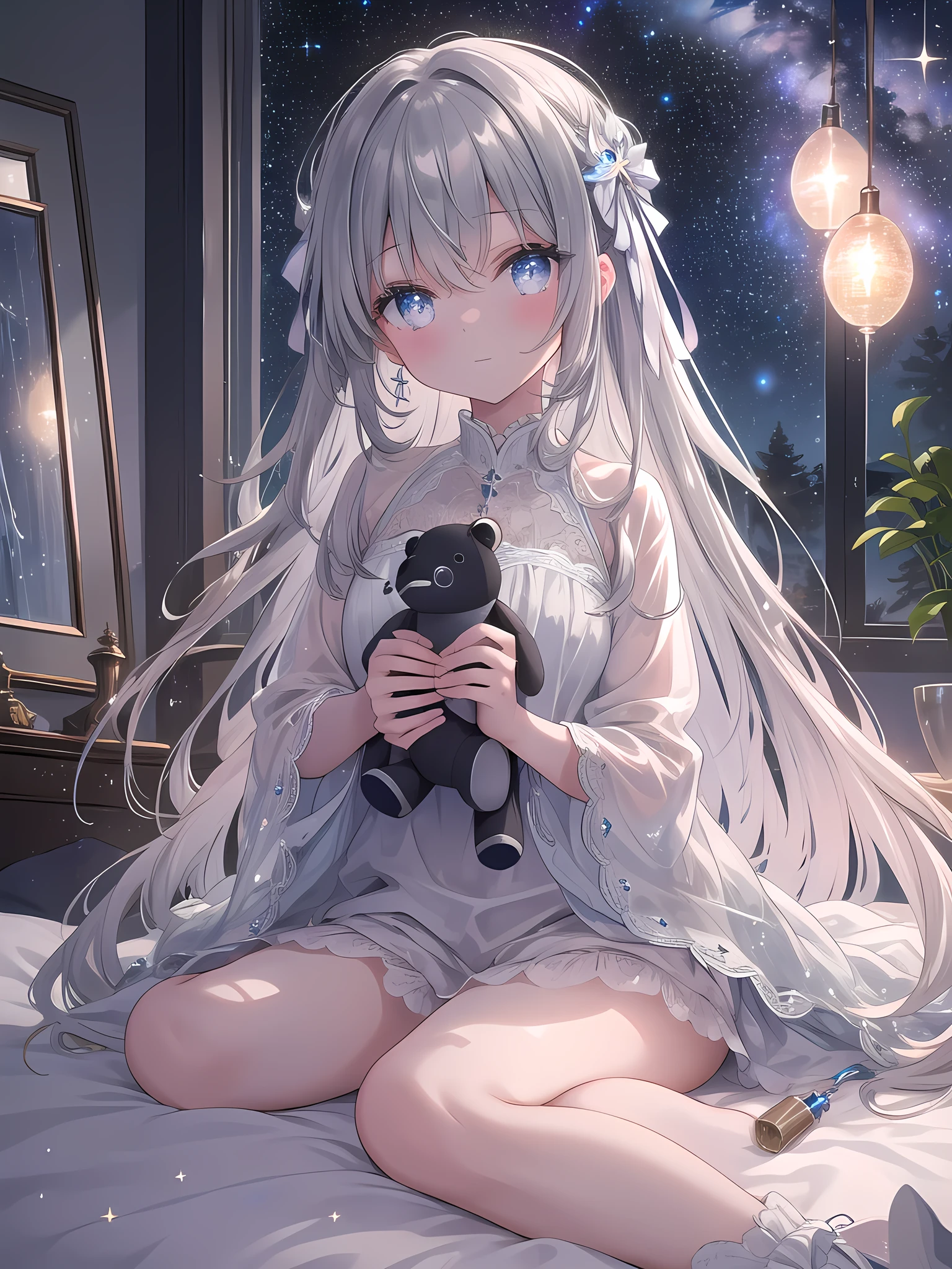 ((8k, best quality, master piece: 1.3)),super high resolution,(1 girl, solo), (colorshift eyes, hyperdetailed, expressive sparkling, glitter, glowing eyes), ultra detailed eyes, ultra-detailed face, random hair, ((silver gray color)), Draw a 15 year old girl relaxing at home. The girl is in her pajamas, lounging in bed with a stuffed toy, exuding a calming bedroom atmosphere. The background features a starry window with indirect lighting and silk sheets. The camera angle should be from the perspective of the girl in bed. The color palette should have soft night tones and the sheen of the sheets, as well as the relaxed expression on the girl's face and the details of the stuffed toy.A mesmerizing scene illuminated by the light of countless stars and a prominent Milky Way galaxy. The stars create a sparkling effect across the sky, while the Milky Way adds a glowing band of light. The foreground is softly lit by the celestial light, creating a mystical and awe-inspiring atmosphere.