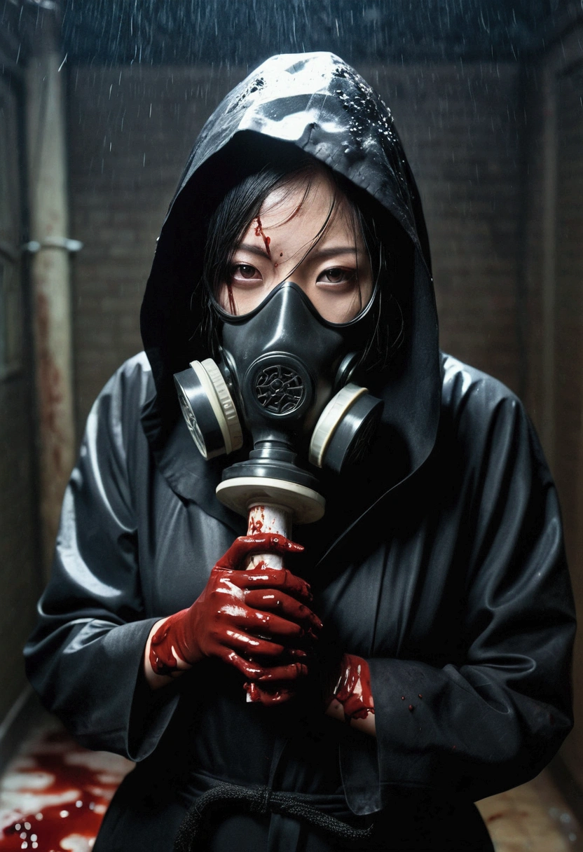 korean glamorous girl, (behind corpse:1.3), (gas mask), holding knife, stabbing, black gloves, bath full of blood, black raincoat, hood up, holding knife, black gloves, behind corpse, blood splatter, black wet suit, night, mass murderer, robbery, dark atmosphere, cinematic lighting, atmospheric realistic,
