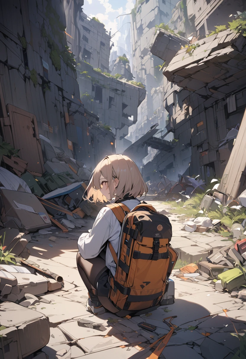 Heading to the Natural Ruins、Explorer。A big backpack full of stuff、Dangerous area、((masterpiece,Highest quality)),One girl,Beautiful attention to detail,Short Hair、Dynamic composition