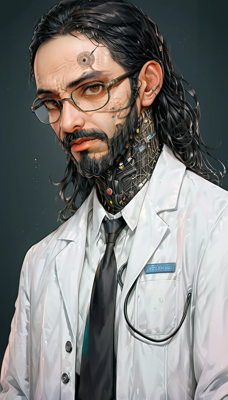absurd resolution, high resolution, reflection, refraction:1.4 ultra-detailed:1.0 (illustration, line drawing), masterpiece, scientist with glasses, full-length, man (European, Arab, dark-skinned), ugly, middle-aged, 40 years old, work suit (polyester, synthetics), tattoos on the head, scientific uniform, scientist, scientific, biologist, technologist