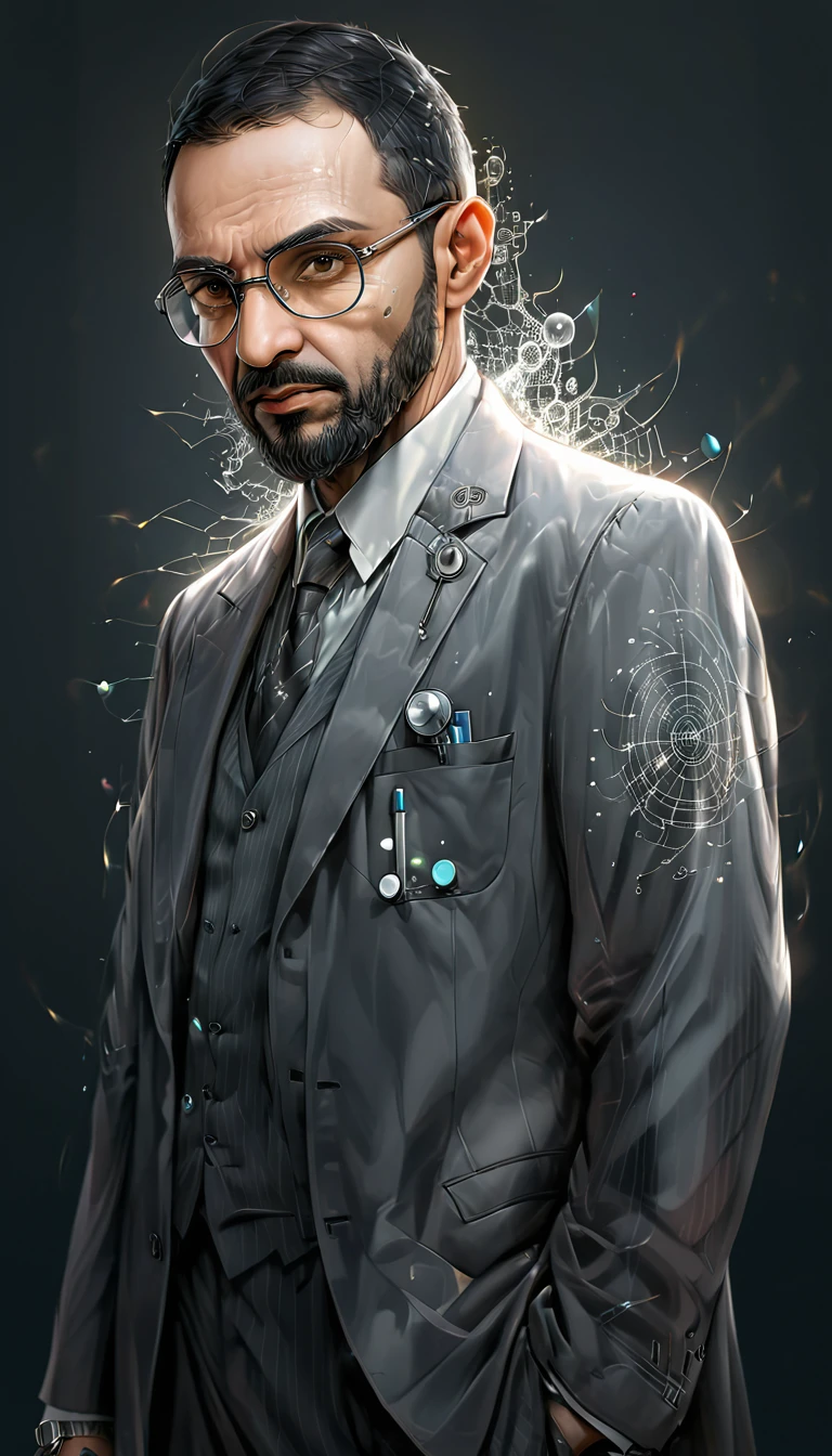 absurd resolution, high resolution, reflection, refraction:1.4 ultra-detailed:1.0 (illustration, line drawing), masterpiece, scientist with glasses, full-length, man (European, Arab, dark-skinned), ugly, middle-aged, 40 years old, work suit (polyester, synthetics), tattoos on the head, scientific uniform, scientist, scientific, biologist, technologist