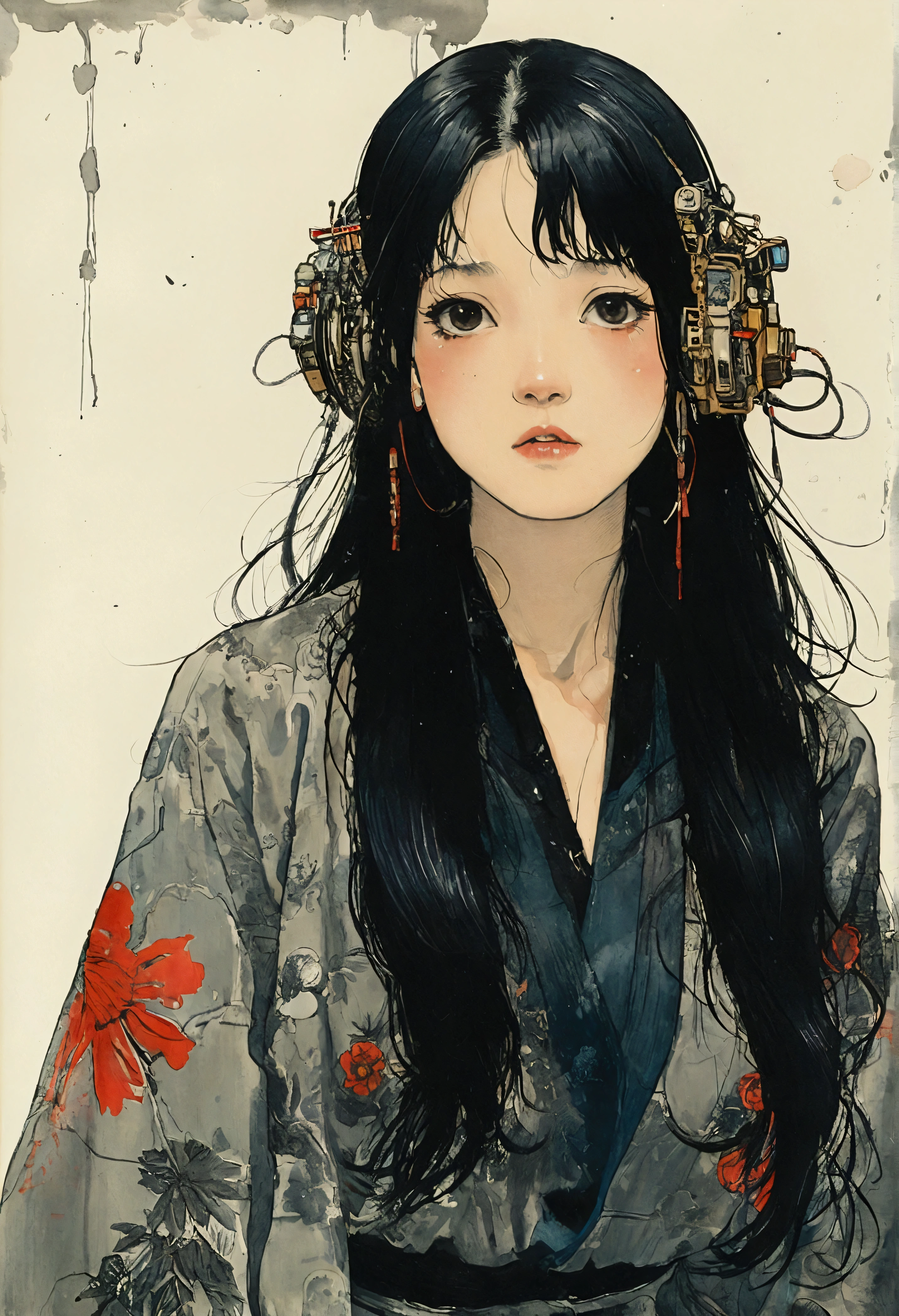 The Style of Kawanabe Kyosai、GANTZ Suit、Long black hair、Girl、
