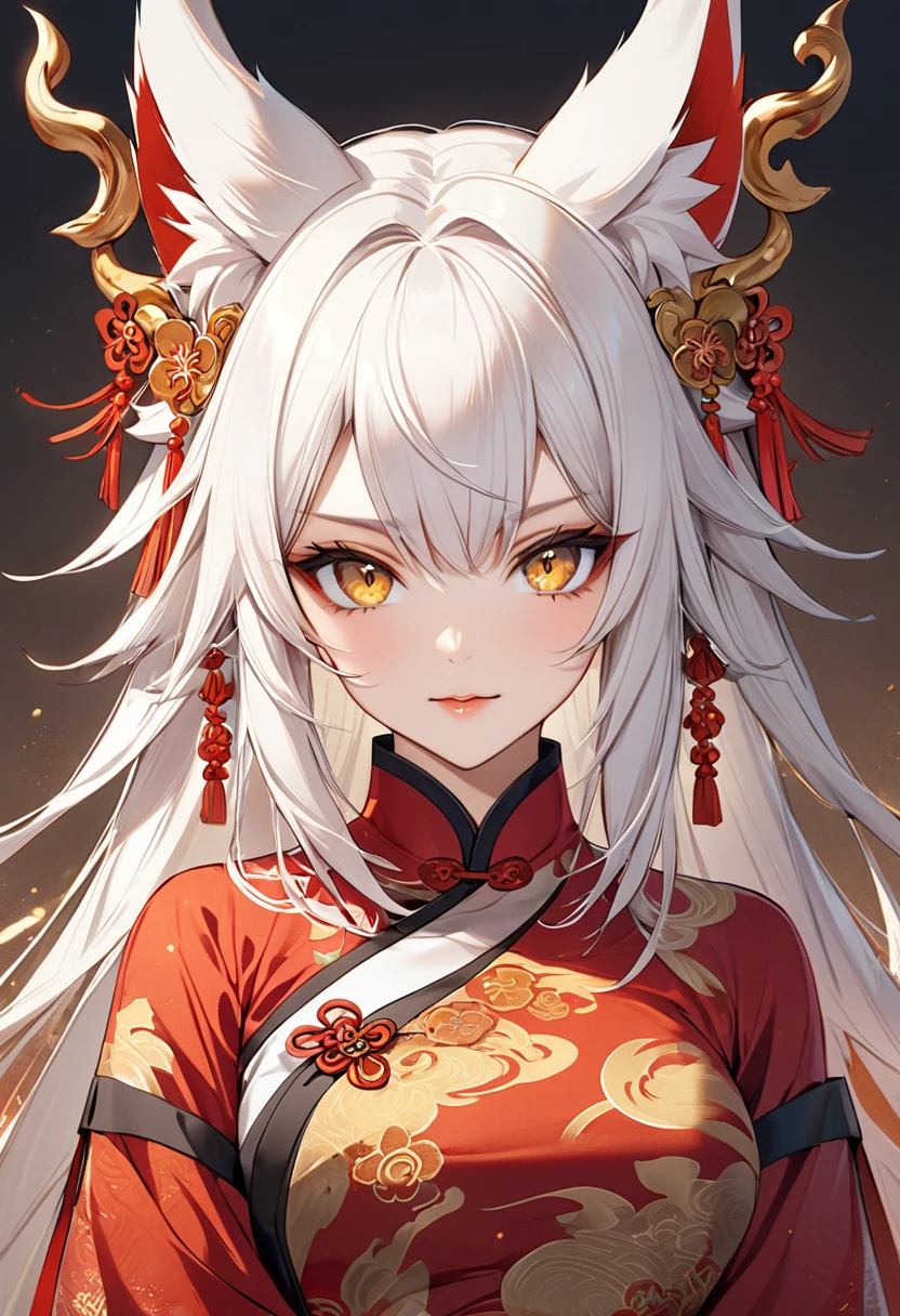 1 woman,Fox Devil,Wear ancient Chinese clothes,white hair,golden eyes