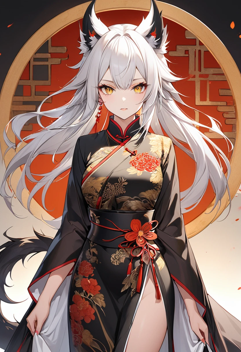 1 woman,Fox Devil,Wear ancient Chinese clothes,white hair,golden eyes