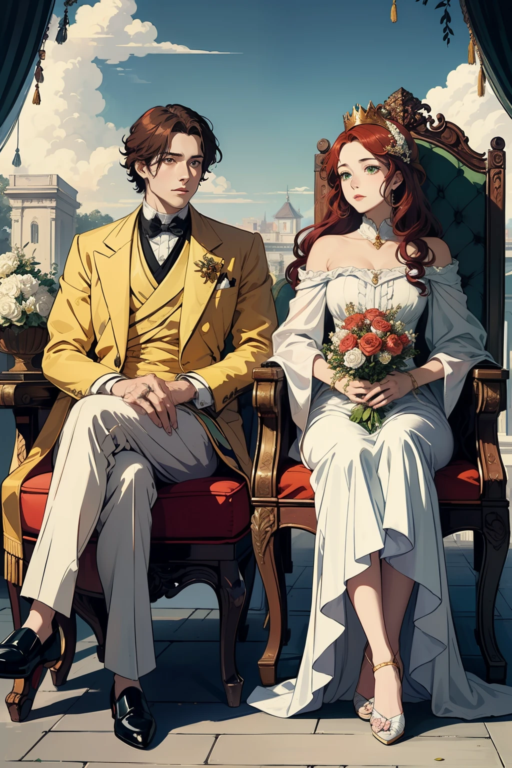 ((Best Quality)), (detailed) couple, red hair, seductive and serene green eyes, White skin, seated on a throne and crowned with golden laurels, they look like brothers.
a paraguayan flag hanging. 1845 vases with burucuyá flowers and roses.
supreme and royal atmosphere. ((19th century)), ((anime))