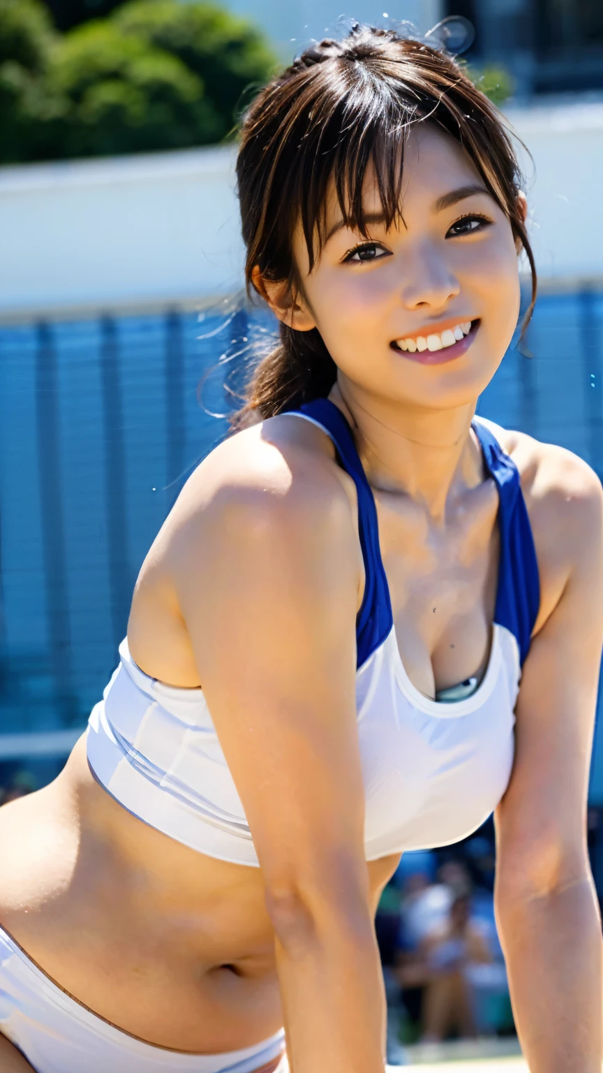 (((First Person))),(((At the beach volleyball stadium built on a large site,, The volleyball court is a soft sandy beach, A beautiful athlete with a great physique is on one knee, Receive with both hands clasped in front))),(((A beautiful, competitive top athlete, Wearing a pure white tankini and high leg bloomers, When serving or receiving, you are on your shoulders and knees with your arms clasped in front of you))),(((Perfect Anatomy:1.6))),(((Ulsan - 6500))),(((Hasselblad produces deep depth of field for beautiful background bokeh))),Sexy waist,masterpiece,Highest quality,Ultra-high resolution,Highly detailed portrait,High nose and beautiful face,Long limbs like a model,Her pale neck is dazzling,(((Her beautiful figure with a slim waist and large hips captivates the viewer..))),Tuck your chin in and laugh,((Photograph the whole body from a distance)),Cute 20 year old, his short nape, Boyish chestnut hair is sexy.,(Boasting beautiful F-cup breasts),(Looking over your shoulder、Smile with the corners of your mouth and eyebrows raised),Long eyelashes and big eyes,,Transparent double eyelids,((Glossy thick lips)),(((Perfect Anatomy:1.4))),Spectators and a volleyball net can be seen in the background,