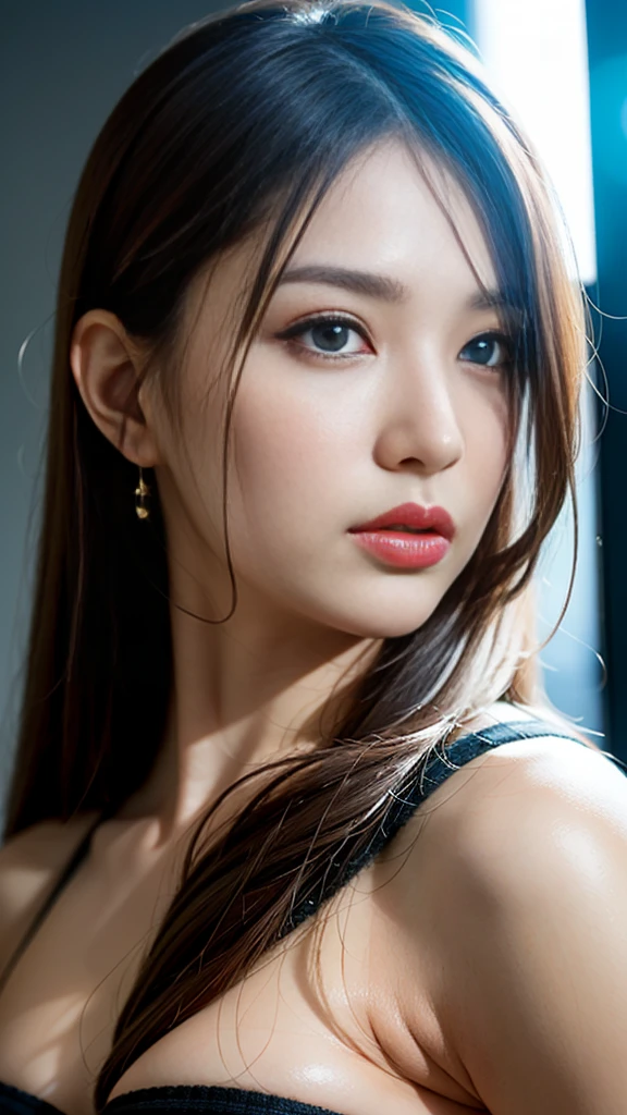 Highest quality, 4K, High resolution, masterpiece:1.2, Very detailed, (Realistic, Realistic, Realistic:1.37), Vibrant, Red and blue eyes,Strong gaze,Seductive eye contact,Fiery red iris,Deep blue shining star,Shining Eyes,Bright colors,Portraiture,Fantasy art,Magic Red Light,Mysterious Beauty,Red color palette,Long black hair,sweater,Cowboy Shot,Off the shoulder,Fair skin,tall,Beautiful big breasts,Half Japanese and half Russian