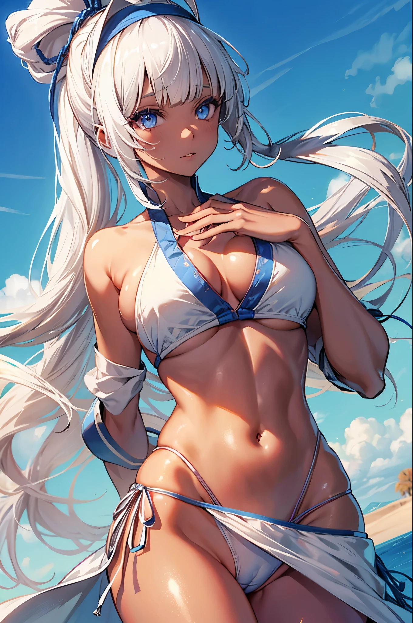 upper body,1girl,sarong,revealing clothes,white bikini,(cameltoe:1.3),slender,white hair,long hair,ponytail,((shiny skin)),masterpiece,Noise Reduction,perfect anatomy,high resolution, ultra-detailed, ultra-detailed face,game cg,dutch angle ,beautiful detailed eyes,visualart,five fingers, perfect hands, perfect lighting, sparkling pupils,