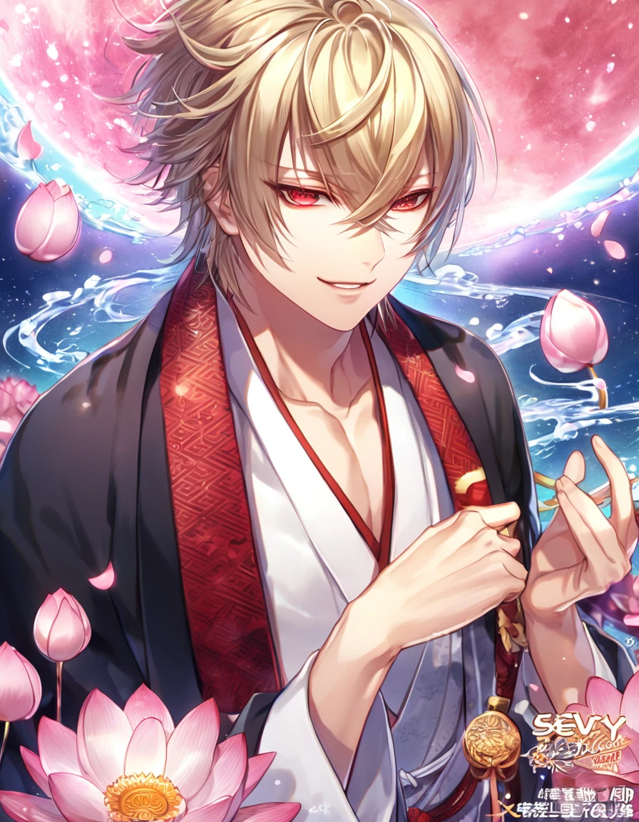 absurdres, highres, ultra detailed, HDR, master piece, best quality, extremely detailed face, delicated features, Kazama Chikage, dark blonde hair, expressive red eyes, Hakuoki, solo, sexy man, handsome, smile, white kimono, black haori, pink lotus, pink petals, water, magical, fantasy, pink moon, starry sky, envy magical