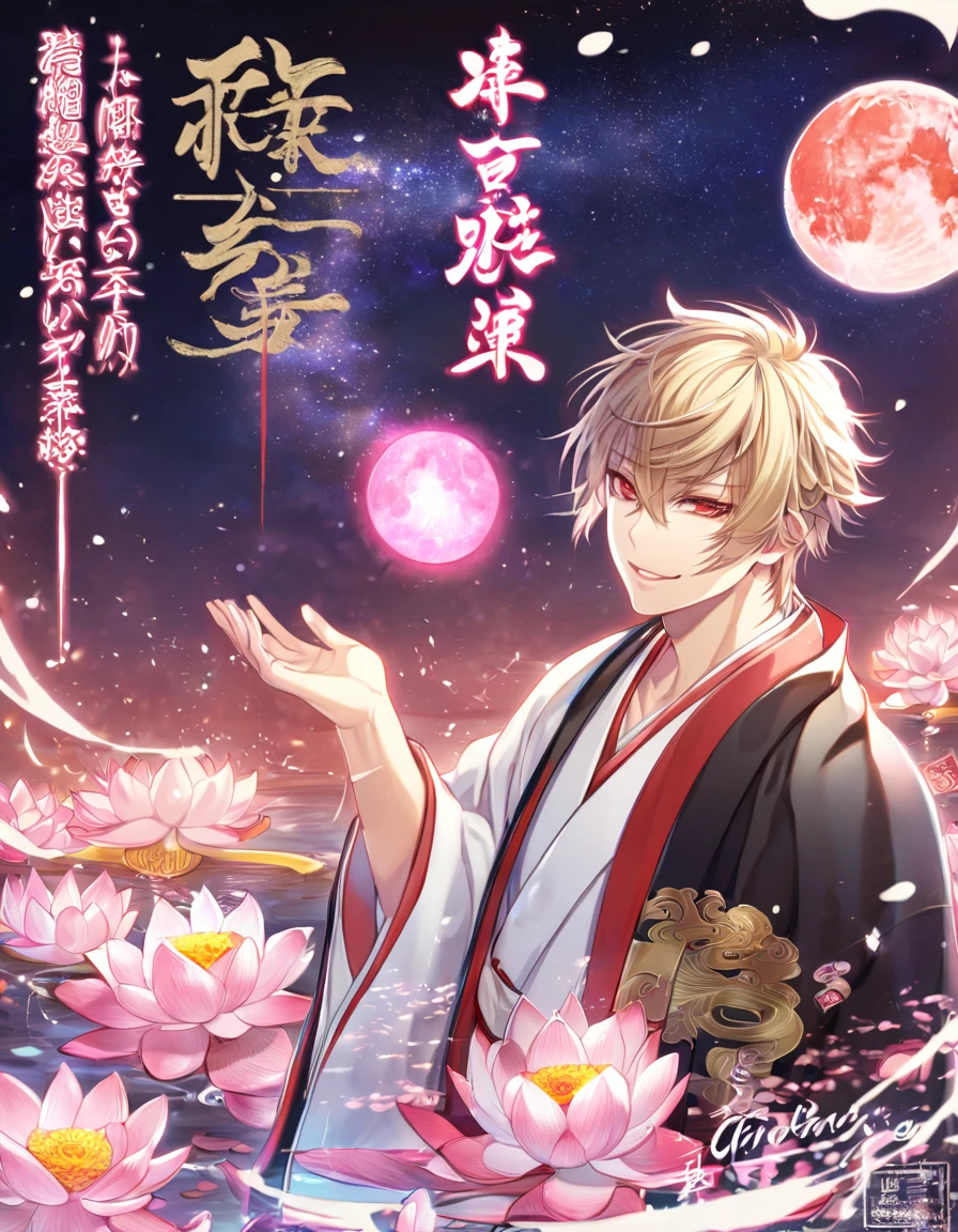 absurdres, highres, ultra detailed, HDR, master piece, best quality, extremely detailed face, delicated features, Kazama Chikage, dark blonde hair, expressive red eyes, Hakuoki, solo, sexy man, handsome, smile, white kimono, black haori, pink lotus, pink petals, water, magical, fantasy, pink moon, starry sky, envy magical