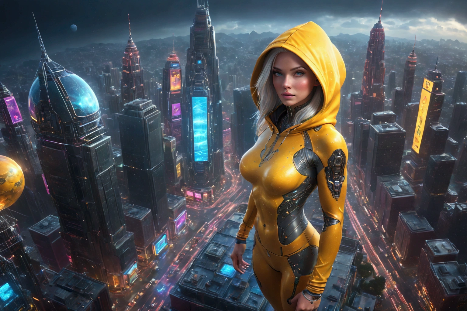 (best quality, 4k, 8k, high resolution, masterpiece: 1.2), ultra-detailed, (realistic, photorealistic, photorealistic: 1.37) (3d art) strong woman defined body, cybernetic holographic yellow hooded shirt, free shoulders, free belly, yellow leggings with cybernetic cables and wires, (cinematic frame), bright flaming eyes, tattoo all over the body, white hair, (top-down perspective frame showing the ground) rainy environment, futuristic background, buildings with LEDs and businesses, bright signs, busy city, alien city full of alien beings,