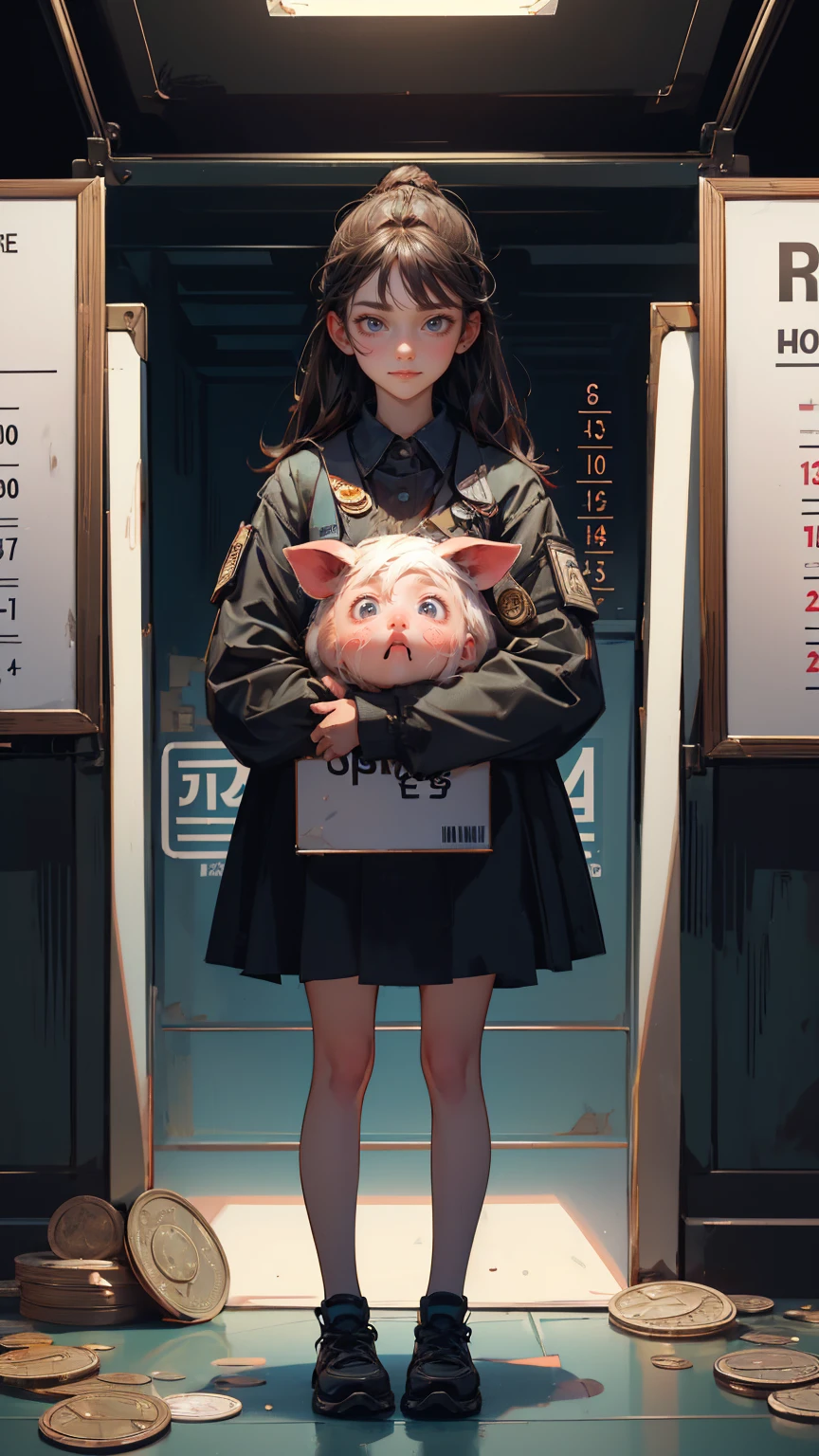 A devastated girl holding up an advertising sign board that says "buy high, sell low". face full of expression looks like devastated, 2 piggy standing around her. The background has broken stock market chart and small coins placed around her, full girl in image, front view, looking at the camera, in a dark room,